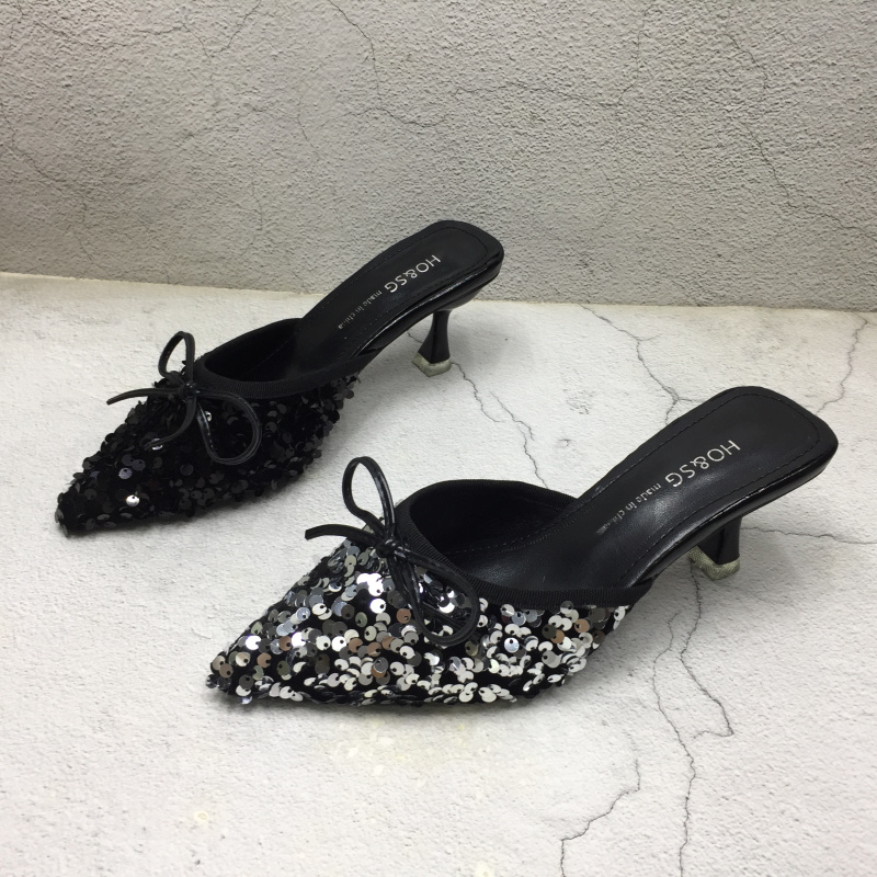 品牌撤柜2025春季新款断码处理时尚女鞋外穿细高跟亮片尖头半拖鞋