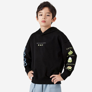 纯一良品男童连帽毛圈卫衣黑色 小孩运动服春秋 套头休闲上衣百搭
