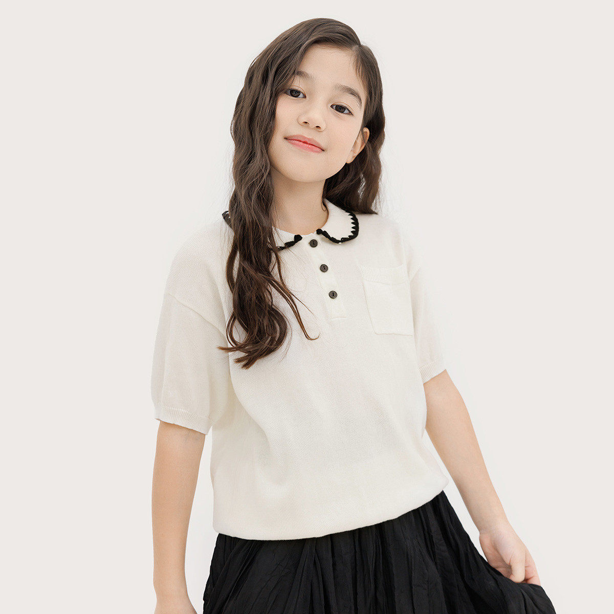 【全棉】纯一良品夏装女童短袖polo针织衫 小孩翻领T恤 白色上衣