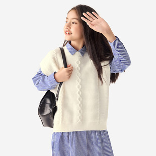 纯一良品女童白色马甲学院风小孩无袖毛衣背心 针织马夹110-170码