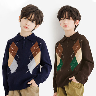 纯一良品男女童翻领落肩毛衣 小学生针织POLO衫 经典菱格 学院风