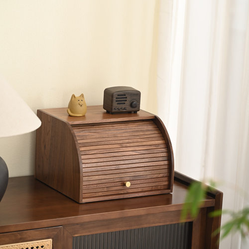 浮霞木坊黑胡桃木卷帘桌面收纳盒