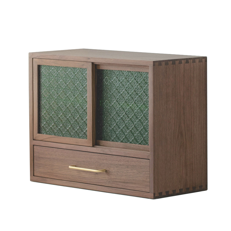 浮霞木坊桌面收纳柜黑胡桃木复古海棠玻璃推拉门木制中古风小柜子