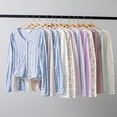 薄款碎花修身长袖短款针织开衫女