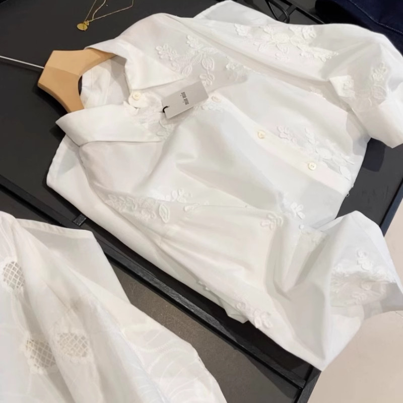 欧美单！100棉重工立体镂空刺绣百搭休闲翻领长袖白衬衫衬衣女