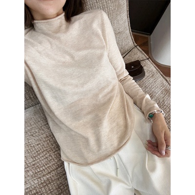 全羊毛卷边半高领纯色上衣女冬