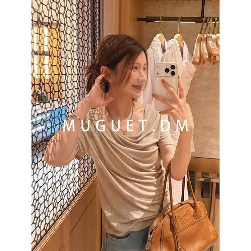 【唐悠悠】羊毛天丝荡领短袖T恤女夏季宽松显瘦褶皱慵懒风打底衫