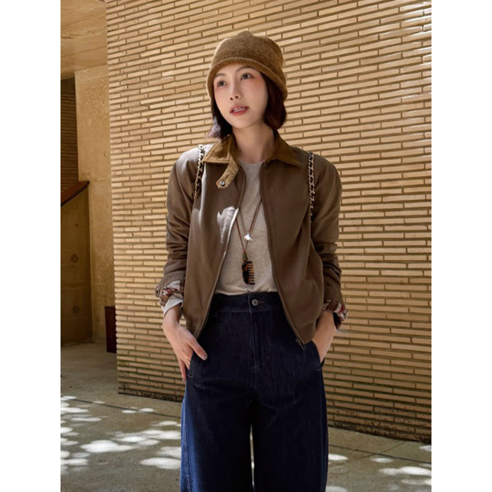 美式复古砂洗纯棉拼接撞色短外套