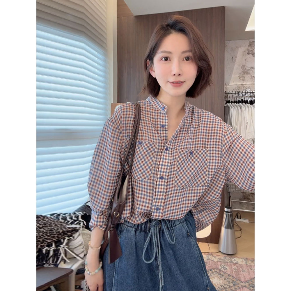 春夏防晒休闲慵懒风格子长袖衬衫