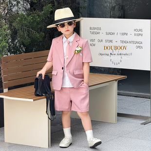 男童短袖粉色西装套装2026夏季儿童帅气薄西服三件套花童演出服潮