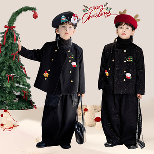 儿童冬季 立领外套2025男童圣诞细闪加厚外套宝宝圣诞演出服礼服潮