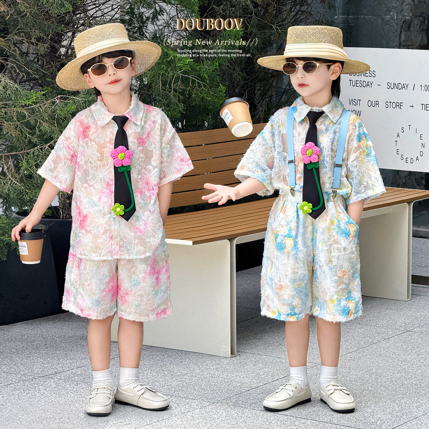 儿童夏装花衬衫套装2026新款男童洋气港风流苏短袖衬衣领带两件套
