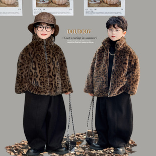 儿童豹纹仿皮草外套2025冬装新款男女童韩版短款加厚豹纹绒感皮草