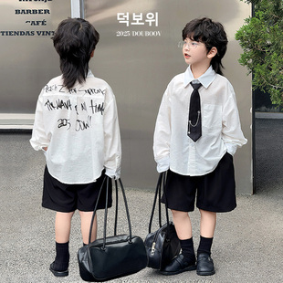 男童早秋长袖衬衫2025新款儿童韩版印花字母亚麻衬宝宝宽松衬衣