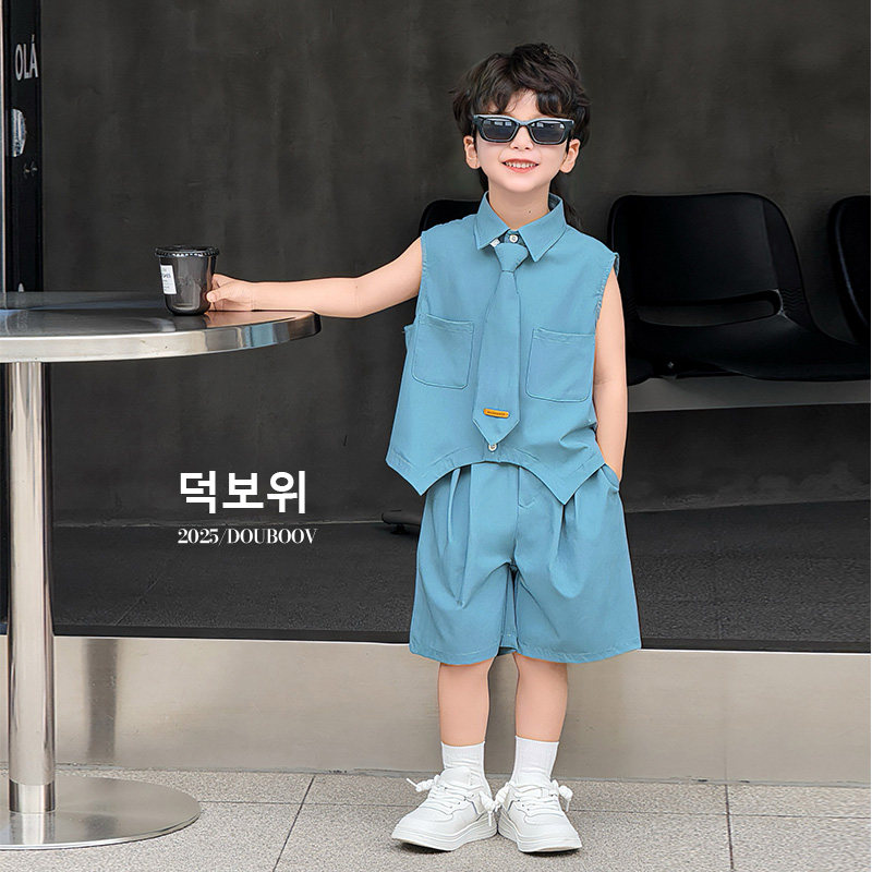 男童薄款夏季马甲2025新款儿童韩版宽松薄款酷帅领带无袖背心套装图片