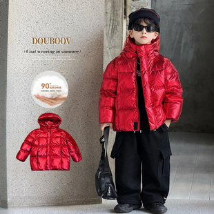 男童短款羽绒服2025宝宝红色连帽面包服宝宝冬季新款白鸭绒外套潮
