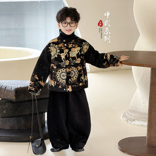 男童中国风唐装外套2025冬季新款儿童刺绣立领加绒外套新年拜年服