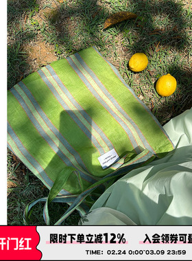 Abbott Vintage【绿野仙踪】多巴胺绿色条纹清新苎麻布单肩包女