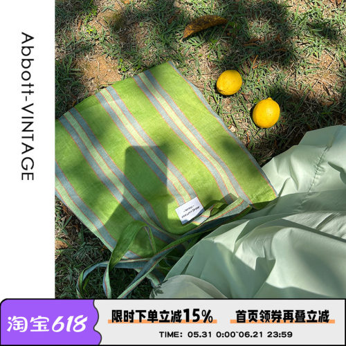 Abbott Vintage【绿野仙踪】多巴胺绿色条纹清新苎麻布单肩包女
