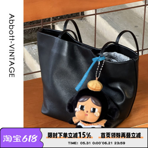 AbbottVINTAGE【黑色小方胖】头层羊皮复古小众简约单肩手提包女