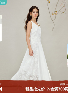 茵曼法式蕾丝纯棉拼接V领无袖连衣裙2026春季女装新款A摆收腰长裙