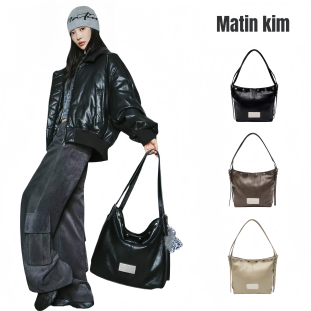 韩国Matin kim托特包油蜡皮腋下包铆钉单肩手提包百搭机车水桶包