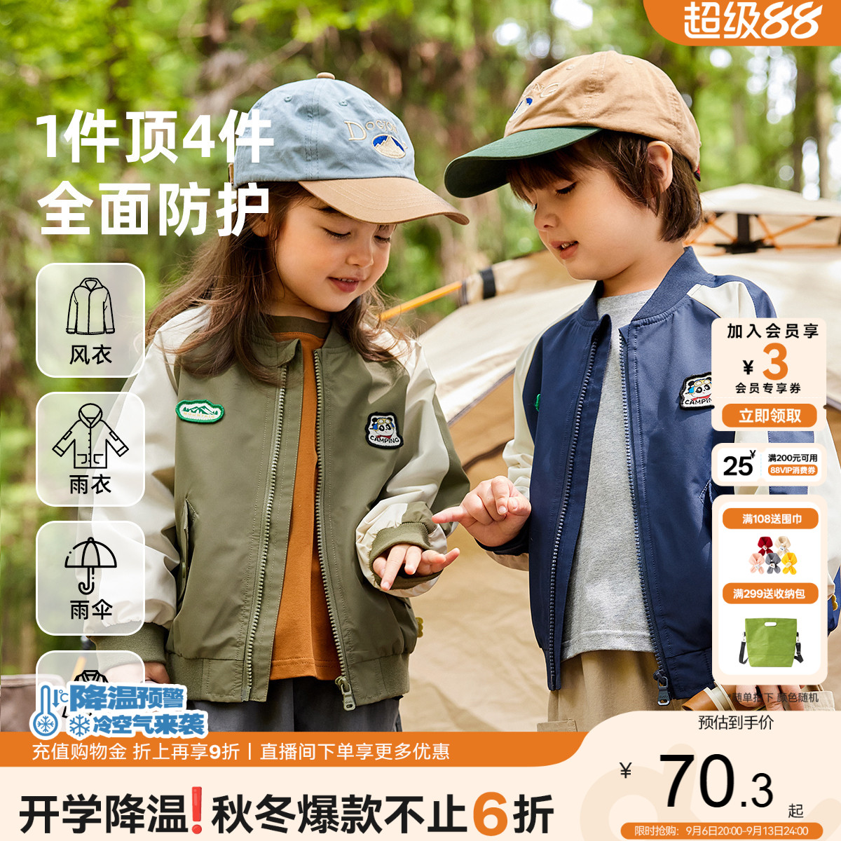 嘟嘟家男童棒球服秋季新款防水儿童外套宝宝夹克女童外衣童装秋装