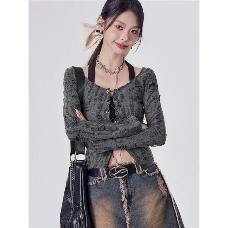 辣妹跳jazz爵士舞上衣废土风假两件挂脖绑带长袖T恤短款女团练功