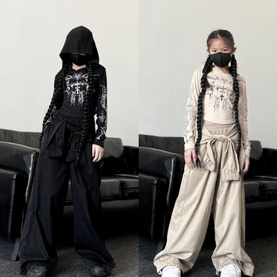 辣妹跳街舞jazz潮酷废土风连帽长袖上衣假两件工装裤爵士舞套装女