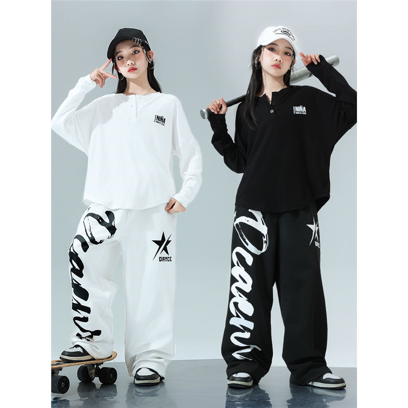 女团风跳街舞爵士舞jazz黑色长袖白色字母运动裤团体表演出服套装