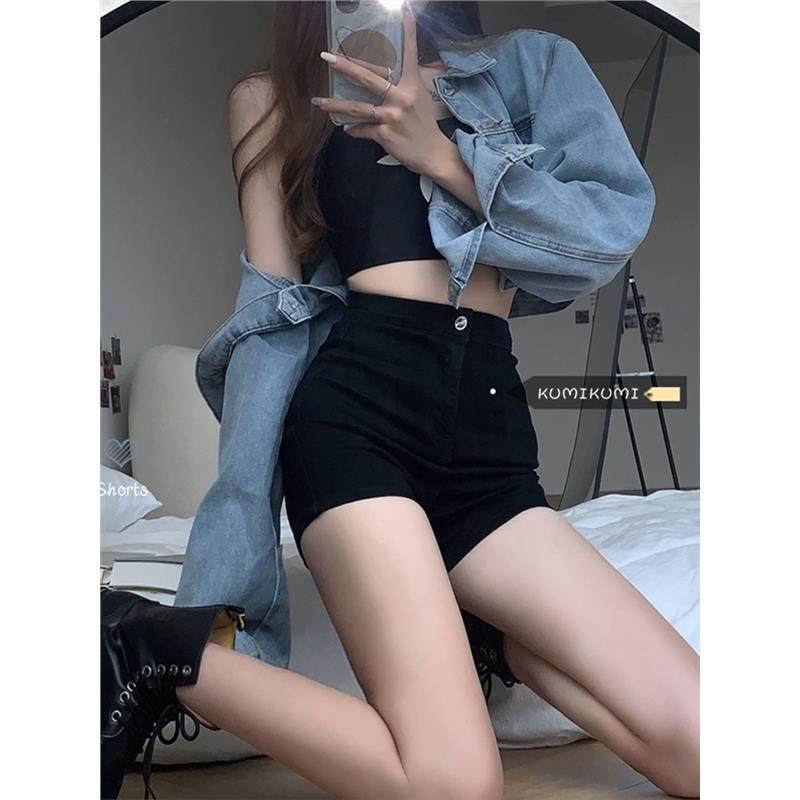 辣妹跳爵士舞jazz黑色牛仔高腰A字热裤紧身包臀超短裤女团演出服