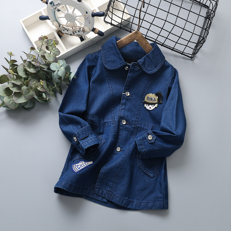 女童中长款风衣外套2024年秋款促销儿童时尚娃娃领卡通亮片牛仔