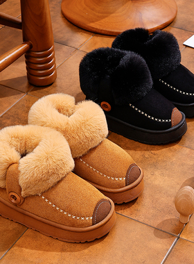 儿童棉拖鞋男童皮面防水软防滑加绒厚亲子棉鞋女童冬季保暖防臭