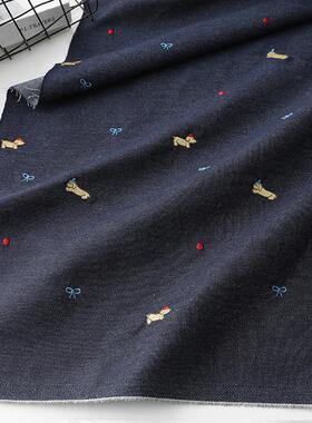 趣味卡通刺绣涤棉牛仔面料外套裙装裤装童装服装面料DIY手工布料