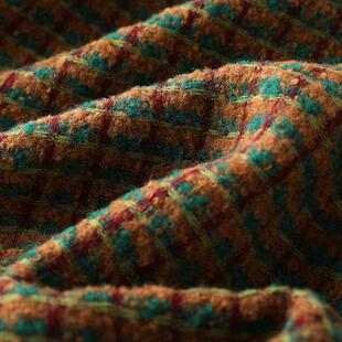 复古咖绿撞色格子粗花呢秋冬呢大衣马甲外套连衣裙裤装服装面料