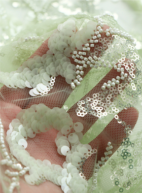 重工水绿色钉珠亮片刺绣蕾丝布料婚纱辅料礼服连衣裙旗袍面料