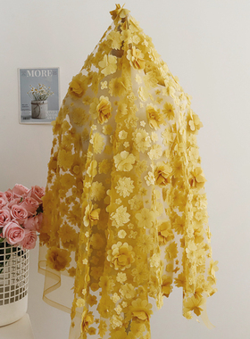 高级感姜黄色3D立体花刺绣网纱礼服旗袍连衣裙定制女装服装面料