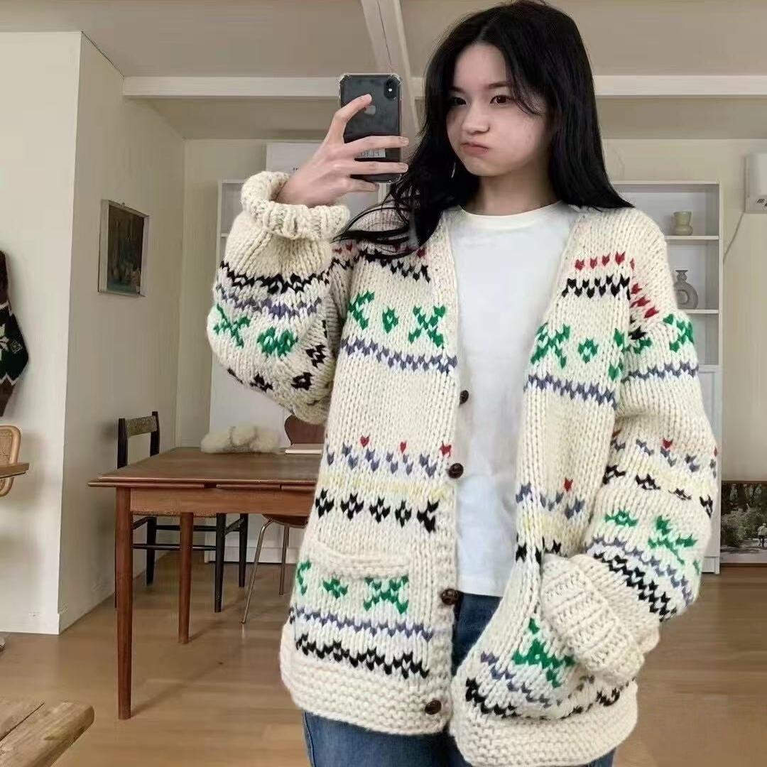 H255102133 韩版25秋时尚V领复古撞色提花慵懒宽松针织开衫5