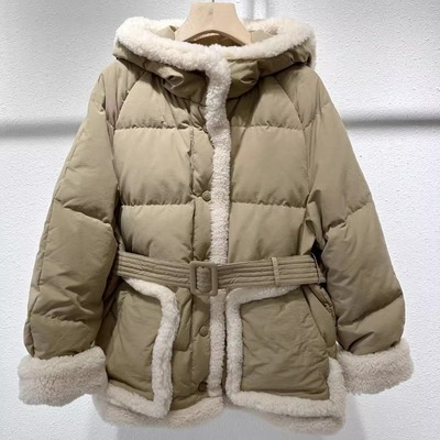 D670111470韩国版25冬羊羔毛拼温暖厚尚连帽鹅绒羽绒服23080