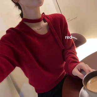 H170121847 25冬小心机领口飘带扣子柔软显瘦针织毛衣 韩版