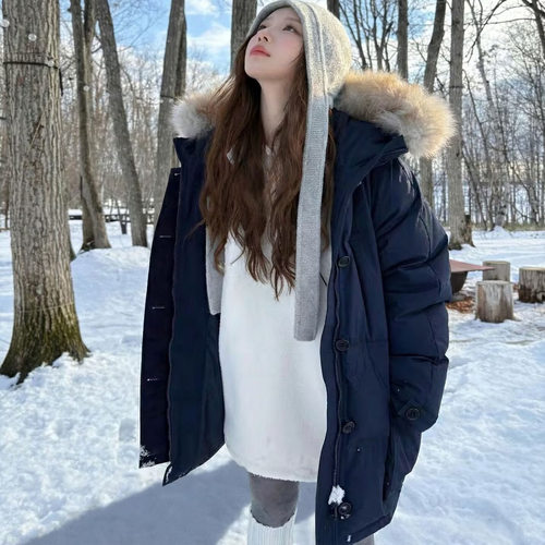 H415122513 韩版25冬厚实保暖休闲派克可拆卸毛领连帽羽绒服5