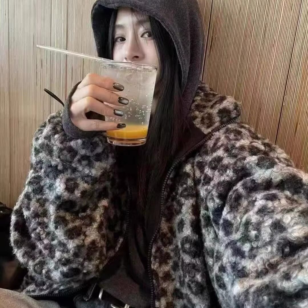 H160122708 韩版25秋冬新复古宽松豹纹毛绒立领拉链外套
