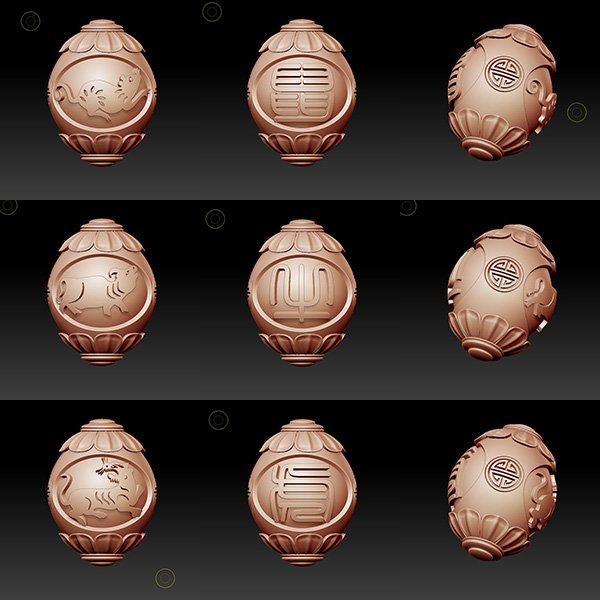 三维立体 四轴 圆雕图 STL 模型   十二生肖橄榄核雕全套