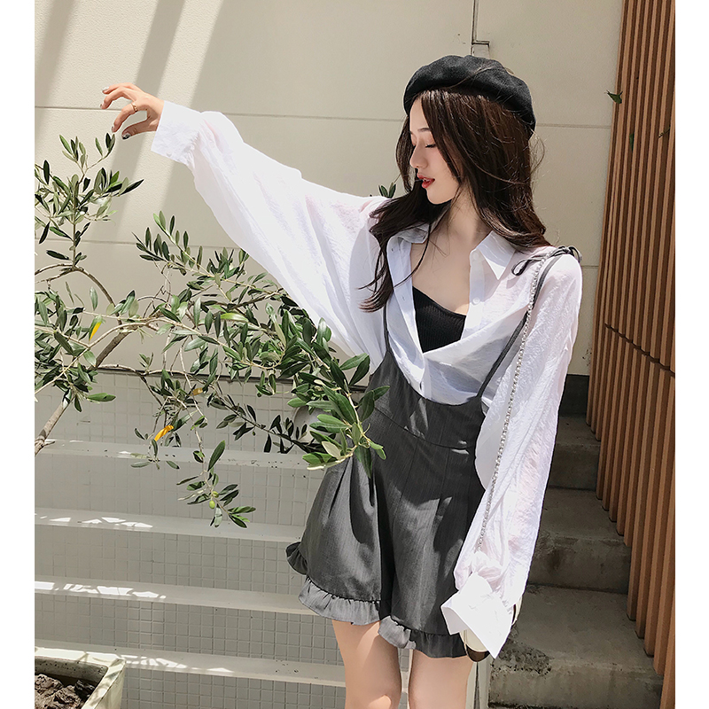 珊珊 208夏季新品 清新文藝ins 輕薄翻領燈籠袖長袖襯女