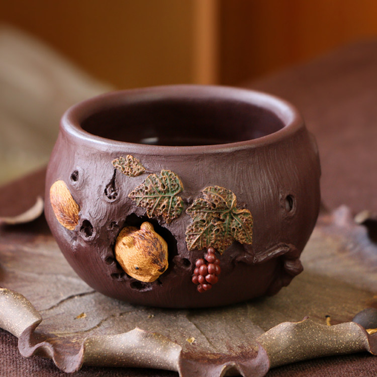 宜兴紫砂精品名家徐海龙手工贴花茶具公道杯松鼠葡萄品茗杯主人杯