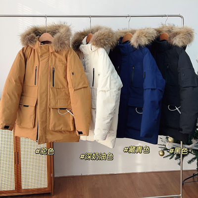 经典情侣款 男士女士冬新款连帽可拆卸保暖羽绒服中长款鹅绒工装