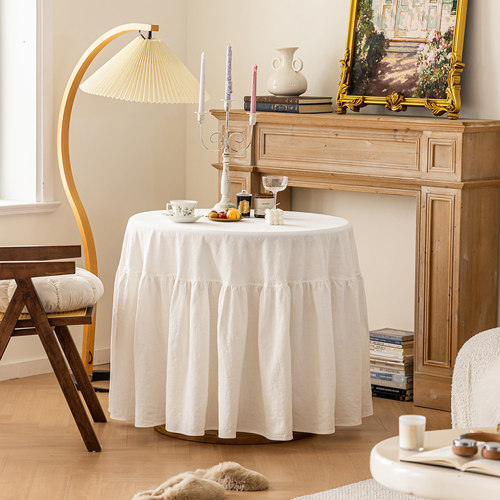 法式桌布亚麻高级感中古餐桌布现代圆形白欧式轻奢华圆茶几布套罩
