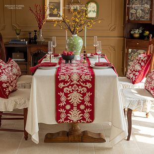 红色复古新年桌旗绣花喜庆桌布美式 轻奢高级感中古餐桌茶几盖布