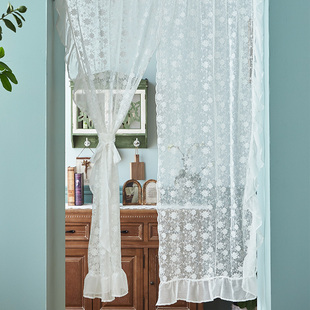 免打孔法式 蕾丝门帘厨房半帘短帘隔断帘白色纱帘穿杆帘魔术贴定制