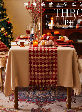 红色圣诞新年桌旗格子喜庆桌布美式轻奢高级感复古餐桌茶几盖布